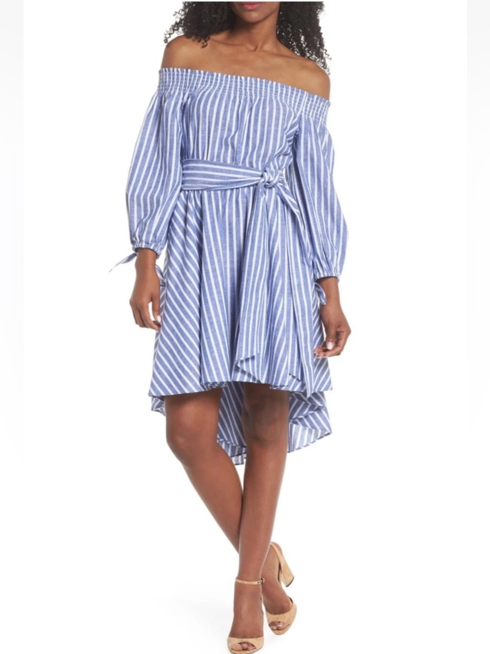 Eliza J Striped Off Shoulder Belted Cotton Dress